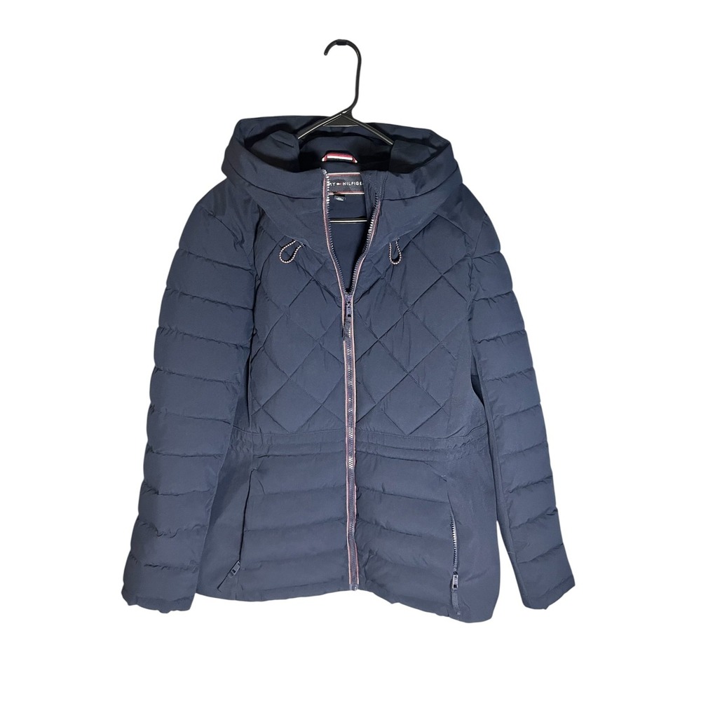 Tommy Hilfiger Women's Puffer Quilted Coat Lined Blue Hooded Zip Pockets XL